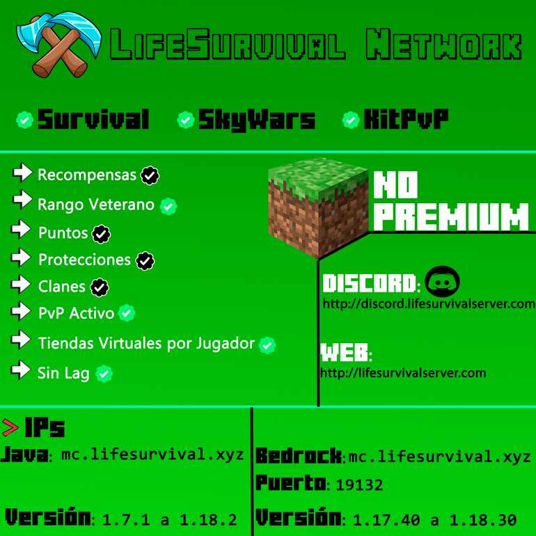 Servidor Survival y SkyWars de Minecraft Java y Bedrock