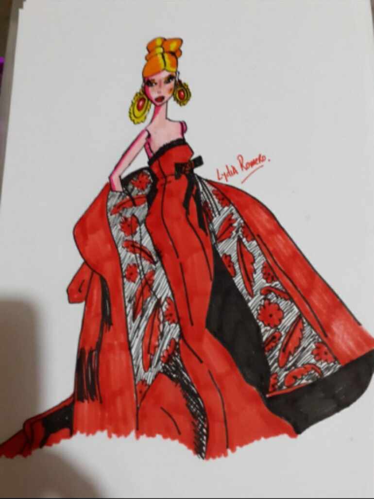 Ilustración de moda.Vestido rojo.